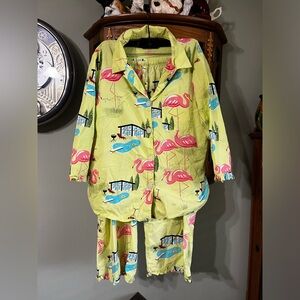 Vintage Nick & Nora Retro Outdoor Swimming Pool Flamingo Grass Mower Pajamas